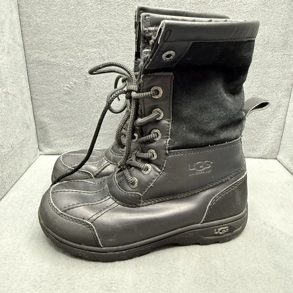 UGG Butte II CWR Kids Size 1 Black Waterproof Leather Lace-Up Snow Boots